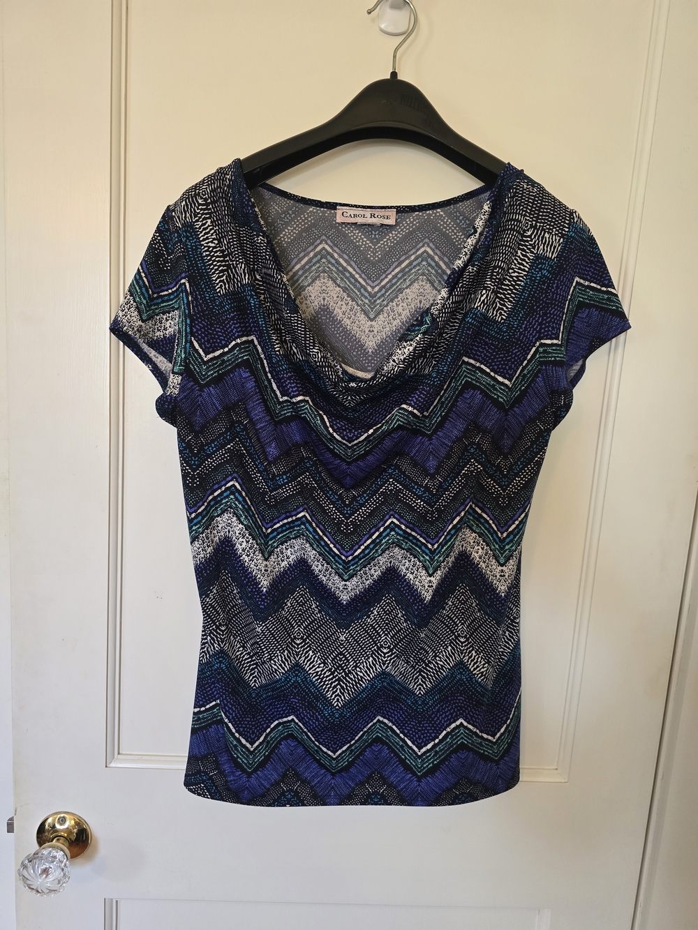 Carol Rose Blue & Teal Chevron Cowl Neck Short Sleeve Top LARGE